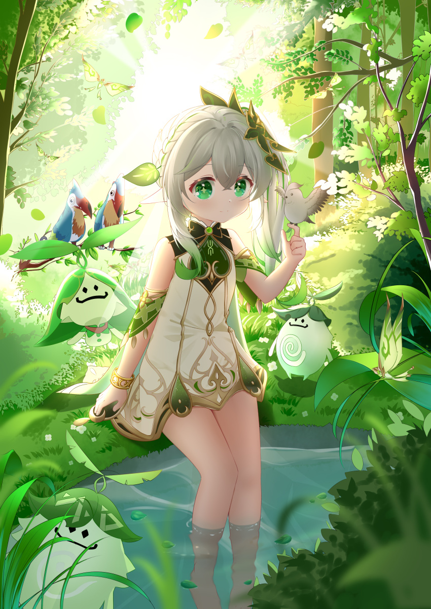 1girl, absurdres, aranara_(genshin_impact), bare_shoulders, bird, bird_on_hand, blue_bird, bracelet, bug, butterfly, closed_mouth, commentary, crystalfly_(genshin_impact), day, detached_sleeves, dian_zhi_sang, dress, genshin_impact, gold_trim, gradient_hair, green_butterfly, green_eyes, green_hair, green_sleeves, hair_between_eyes, hair_ornament, hand_up, highres, jewelry, leaf_hair_ornament, long_hair, looking_at_viewer, multicolored_hair, nahida_(genshin_impact), outdoors, pointy_ears, side_ponytail, sitting, sleeveless, sleeveless_dress, smile, soaking_feet, solo, star-shaped_pupils, star_(symbol), symbol-only_commentary, symbol-shaped_pupils, white_bird, white_dress, white_hair
