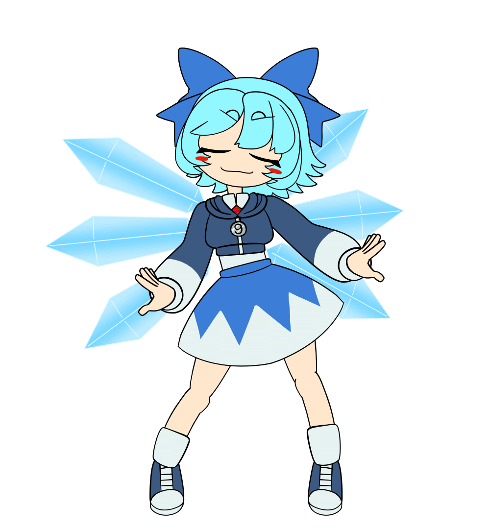 1girl, animated, animated_gif, blinking, blue_bow, blue_eyes, blue_hair, blue_skirt, blush_stickers, bow, cirno, collared_shirt, dancing, hair_bow, ice, ice_wings, jacket, jomun, looking_at_viewer, miniskirt, shirt, shoes, simple_background, skirt, smile, smug, sneakers, socks, solo, touhou, transparent_background, wings