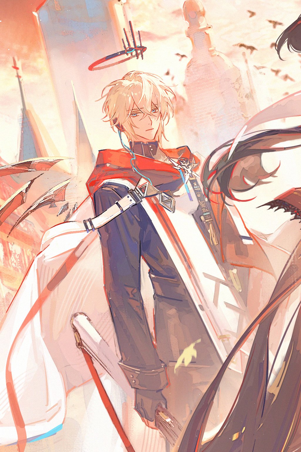 1boy, 1girl, arknights, black_gloves, black_pants, black_shirt, black_wings, blue_eyes
