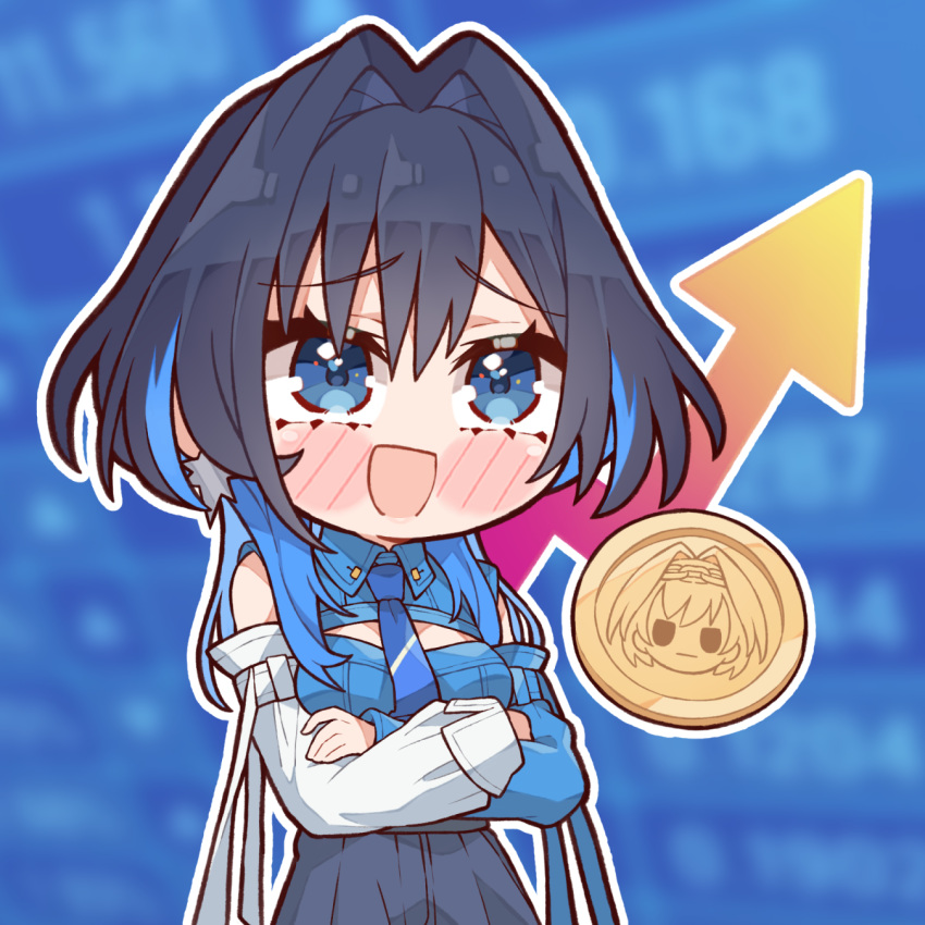 1girl, bare_shoulders, black_hair, black_skirt, blue_background, blue_eyes, blue_hair, blue_shirt