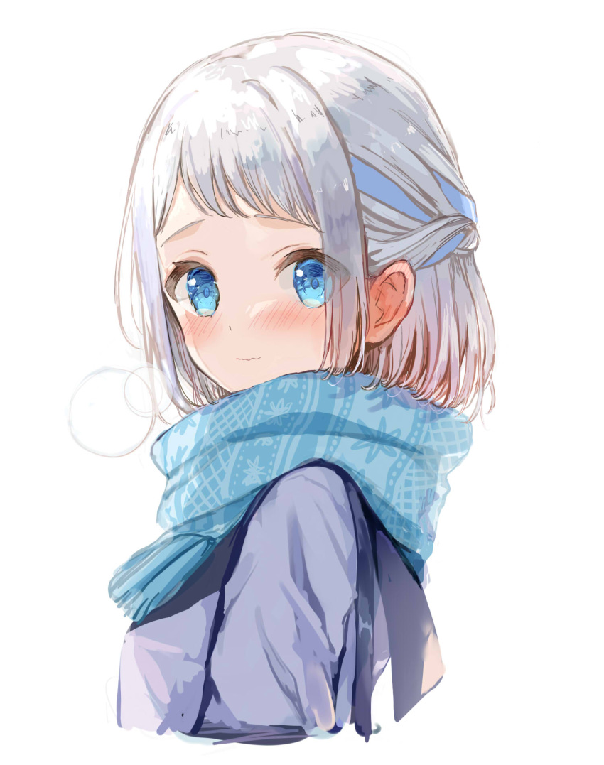1girl, aqua_scarf, blue_eyes, blue_jacket, blue_ribbon, blush, commentary_request, cropped_torso