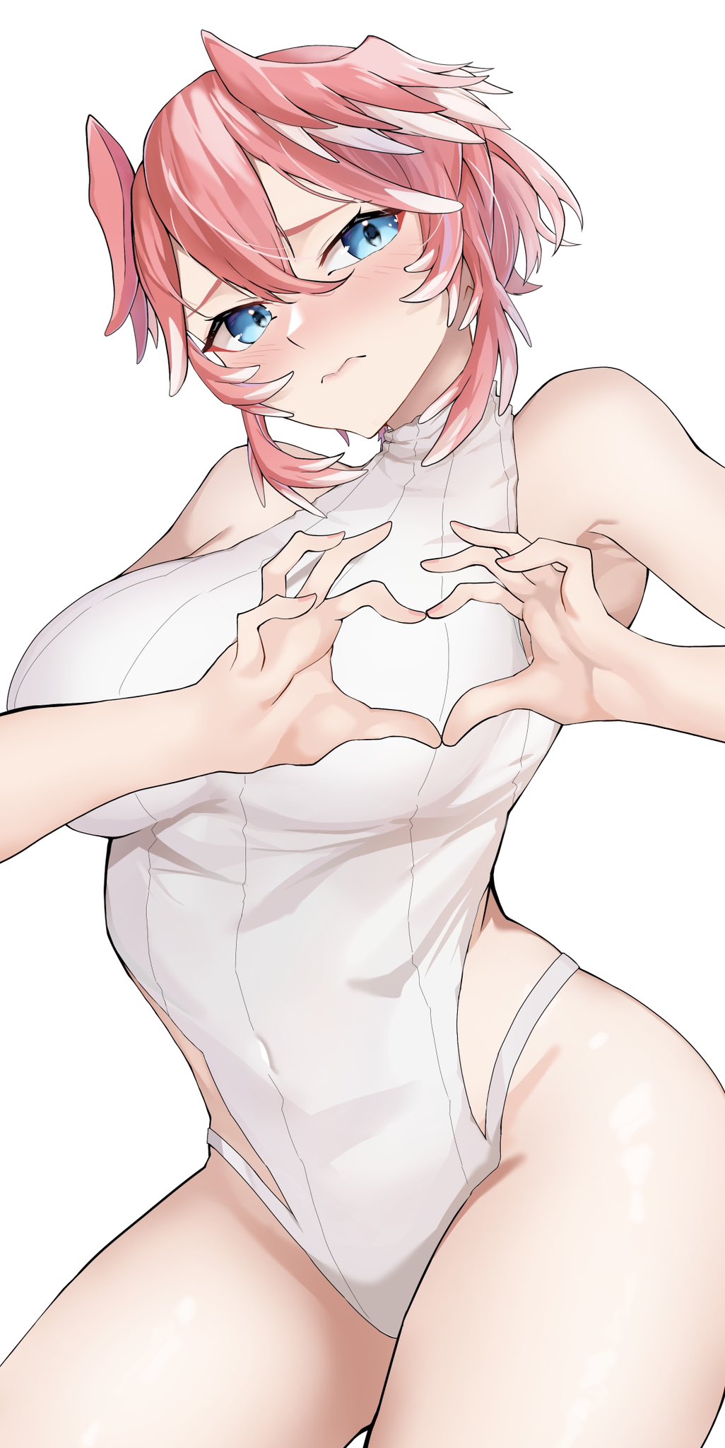 1girl, blue_eyes, blush, breasts, hair_between_eyes, head_wings, heart, heart_hands