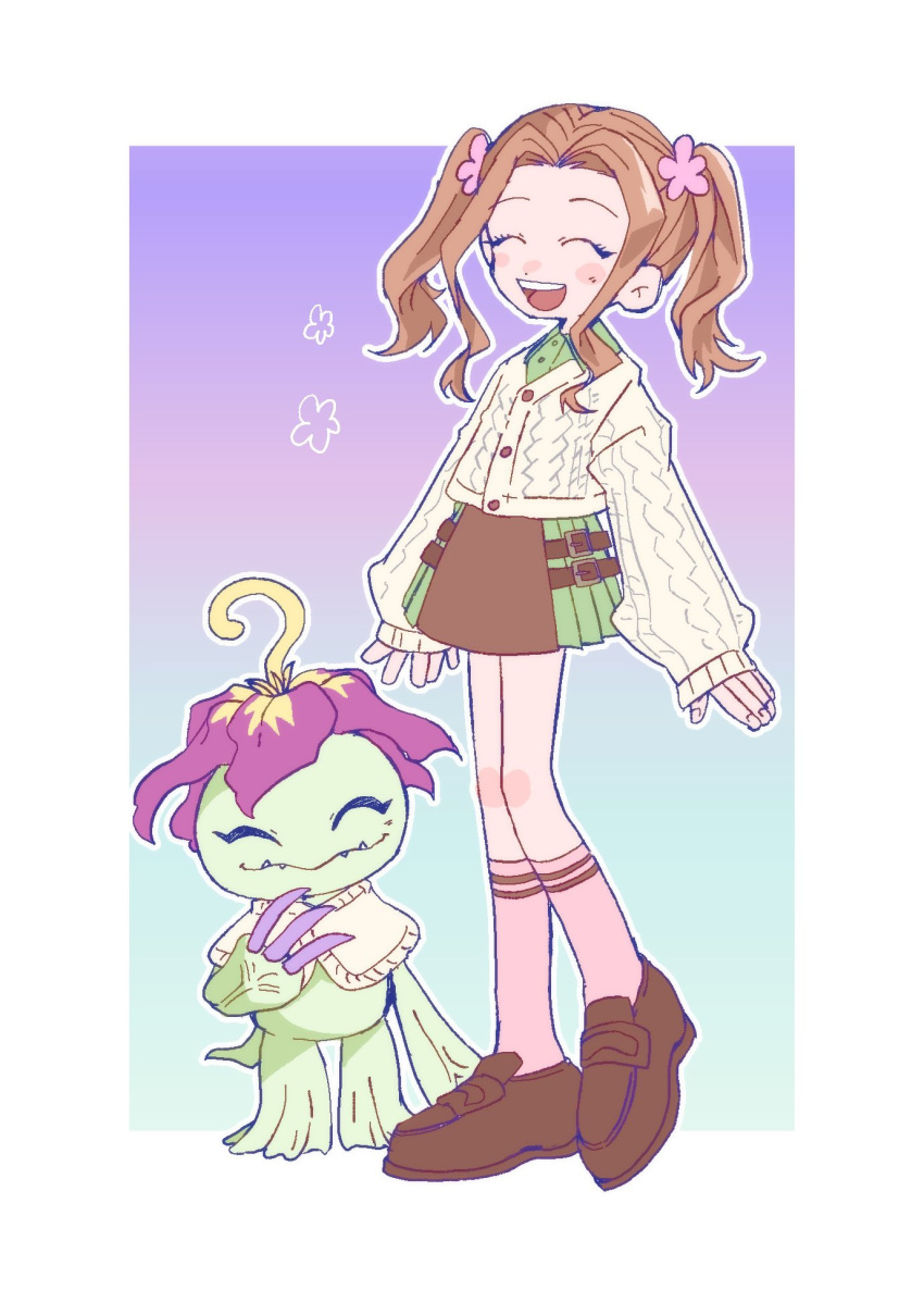 1girl, alternate_costume, border, brown_hair, brown_skirt, cardigan, closed_eyes, digimon