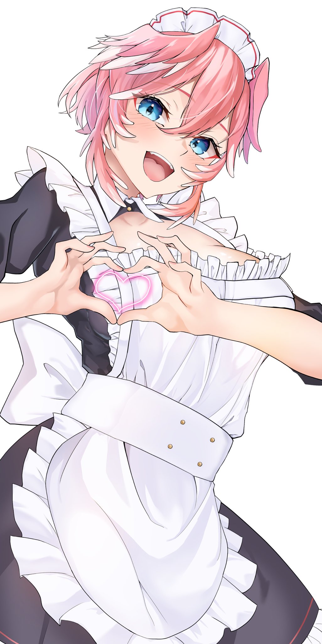 1girl, apron, blue_eyes, blush, breasts, frilled_apron, frills, hair_between_eyes