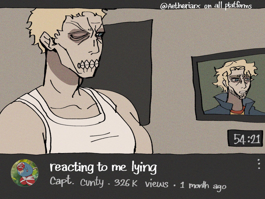 1boy, aetheria, blonde_hair, blue_eyes, blue_jumpsuit, curly_(mouthwashing), disfigured, facial_hair
