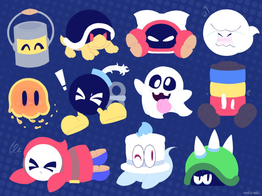 !, >_<, artist_name, blue_background, blue_footwear, blush, bob-omb, bomb