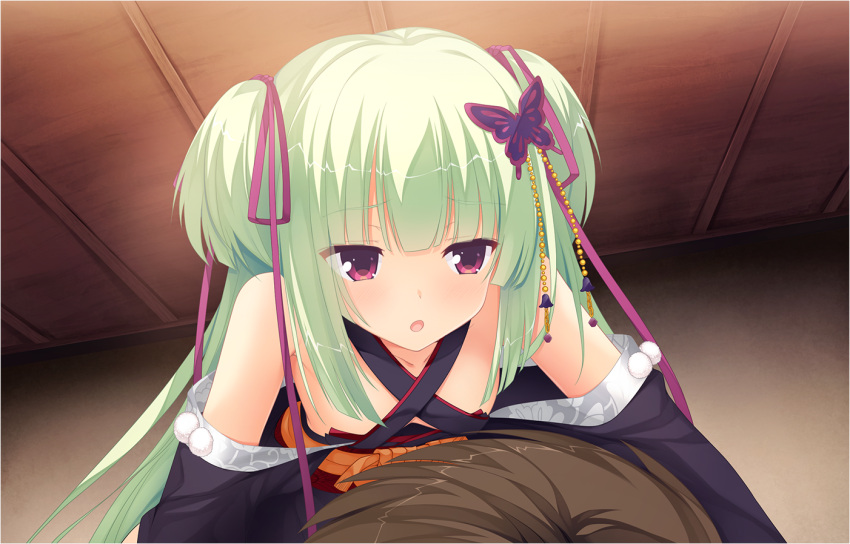 1boy, 1girl, :o, arichi_masaomi, bare_shoulders, black_kimono, blunt_bangs, blunt_ends, blush, butterfly_hair_ornament, criss-cross_halter, eyes_visible_through_hair, game_cg, girl_on_top, green_hair, hair_ornament, hair_ribbon, halterneck, indoors, japanese_clothes, kimono, long_hair, long_ribbon, long_sleeves, looking_to_the_side, murasame_(senren), muririn, non-web_source, official_art, open_mouth, otogi_frontier, pom_pom_(clothes), purple_ribbon, red_eyes, red_sash, ribbon, sash, senren_banka, sidelocks, solo_focus, straight_hair, tsurime, two_side_up, upper_body, variant_set, wide_sleeves