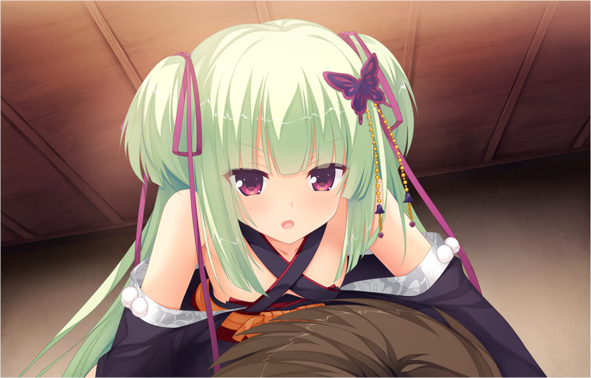 1boy, 1girl, arichi_masaomi, bare_shoulders, black_kimono, blunt_bangs, blunt_ends, blush