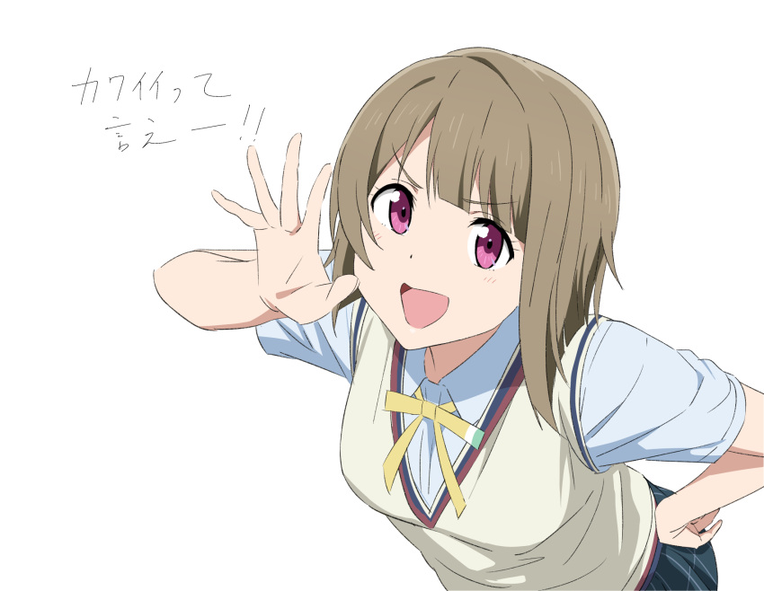 1girl, :d, arm_up, asymmetrical_hair, blue_shirt, blue_skirt, blush, bob_cut