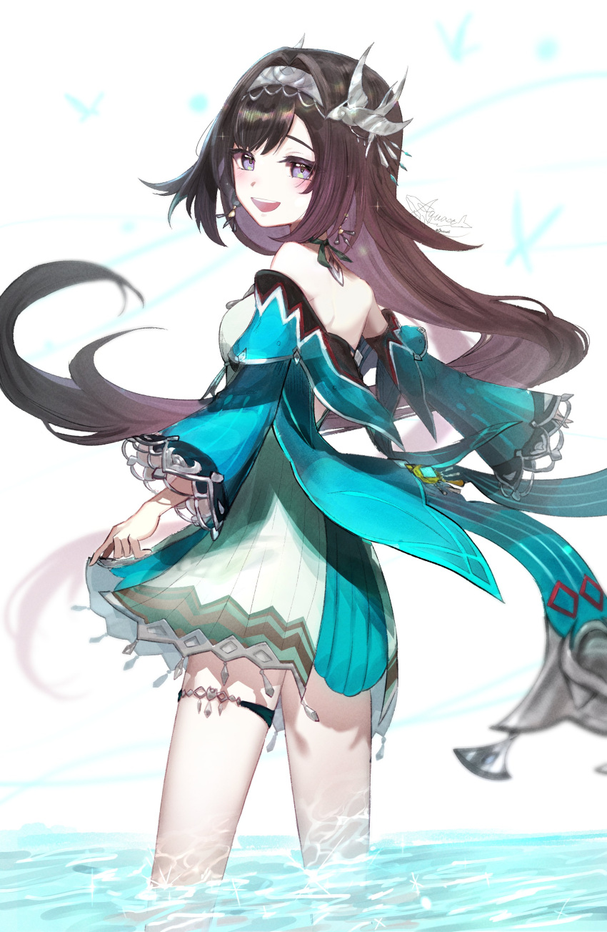 1girl, :d, absurdres, aqua_dress, aquact, bare_shoulders, black_hair, blush