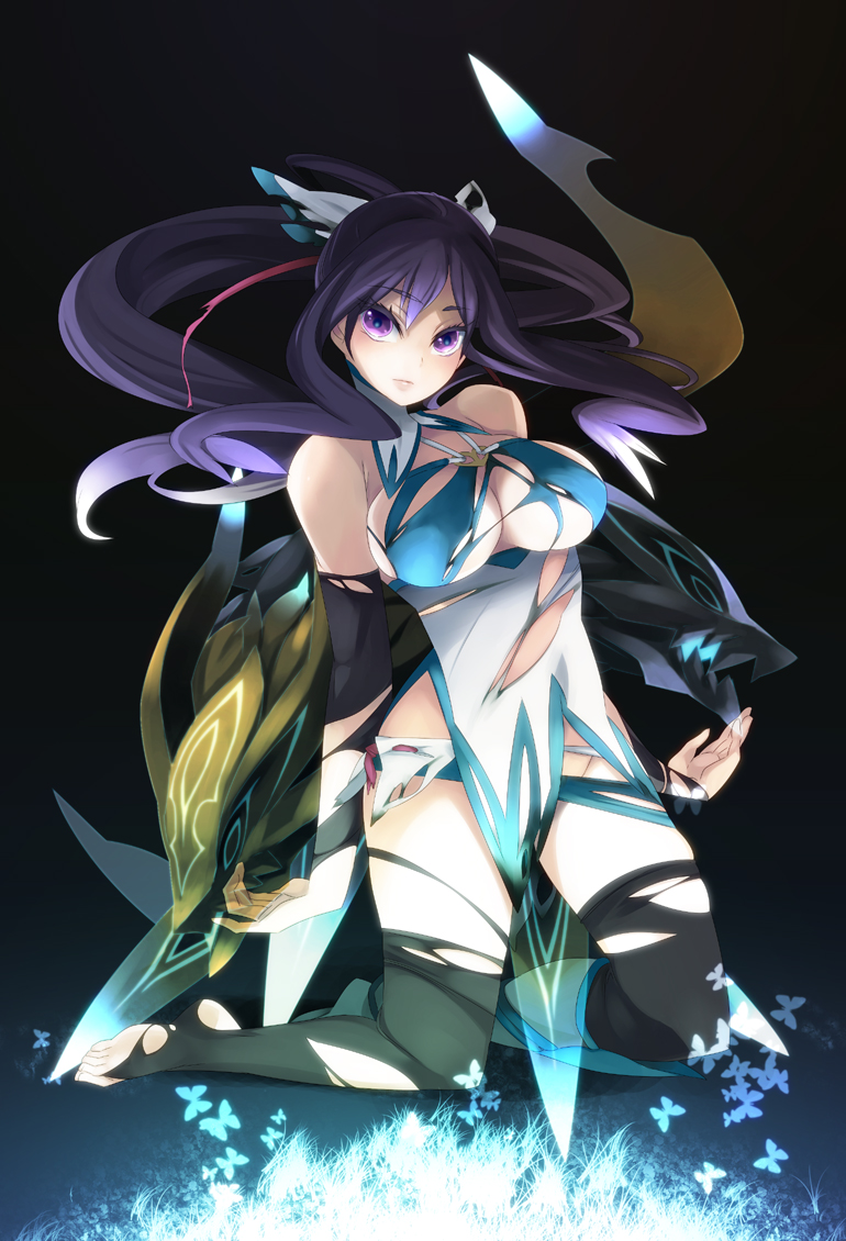 artist_request, cleavage, doujinshi, kawaty, kneeling, original, purple_eyes, purple_hair, solo, source_request, torn_clothes, violet_eyes