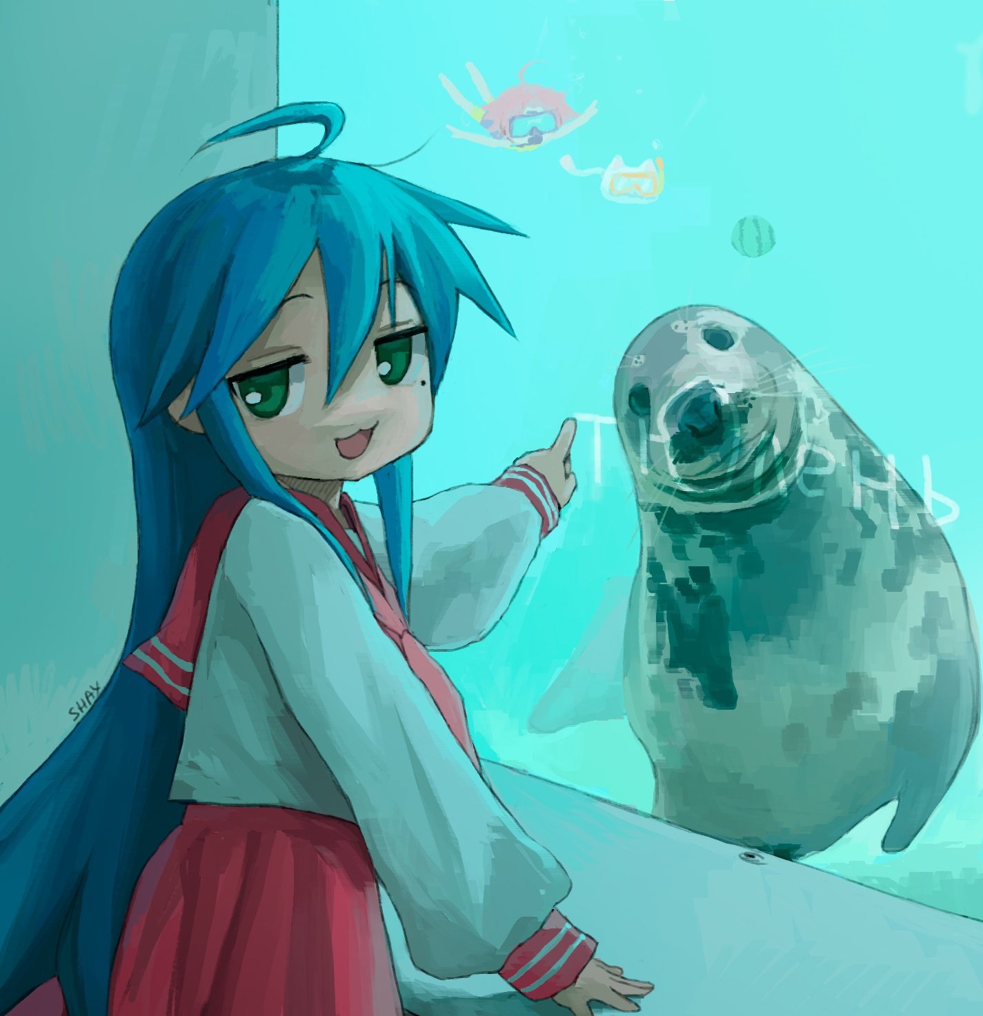 1girl, :3, animal, aqua_background, highres, izumi_konata, li_shay, lucky_star