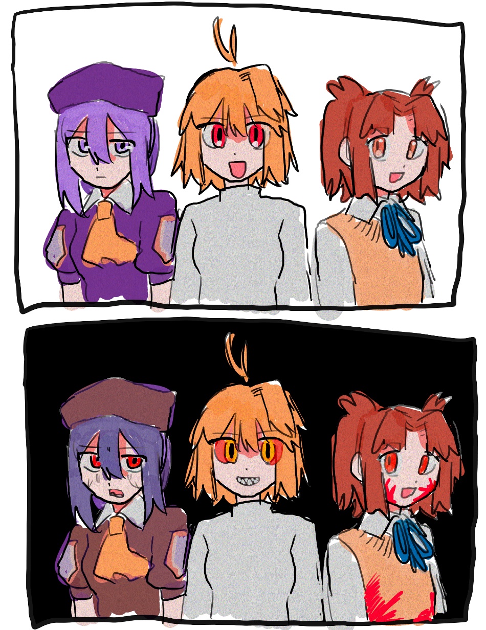 3girls, ahoge, arcueid_brunestud, blonde_hair, blood, brown_hair, dark_persona, highres, meirono_miyage, melty_blood, multiple_girls, purple_hair, red_arcueid, red_eyes, sharp_teeth, sion_eltnam_atlasia, sion_tatari, sweat, teeth, tsukihime, vampire, yumizuka_satsuki