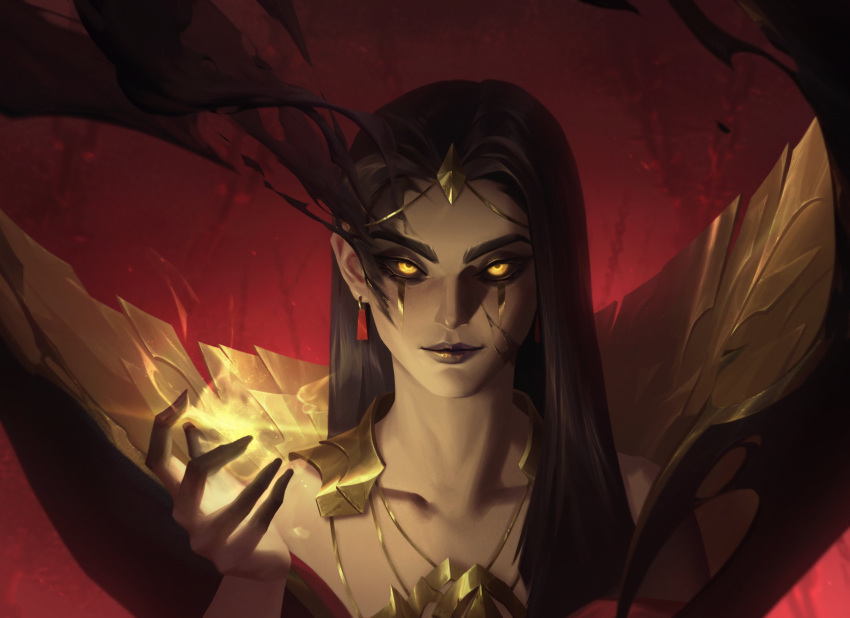 1girl, absurdres, bare_shoulders, black_sclera, breasts, closed_mouth, collarbone, colored_sclera