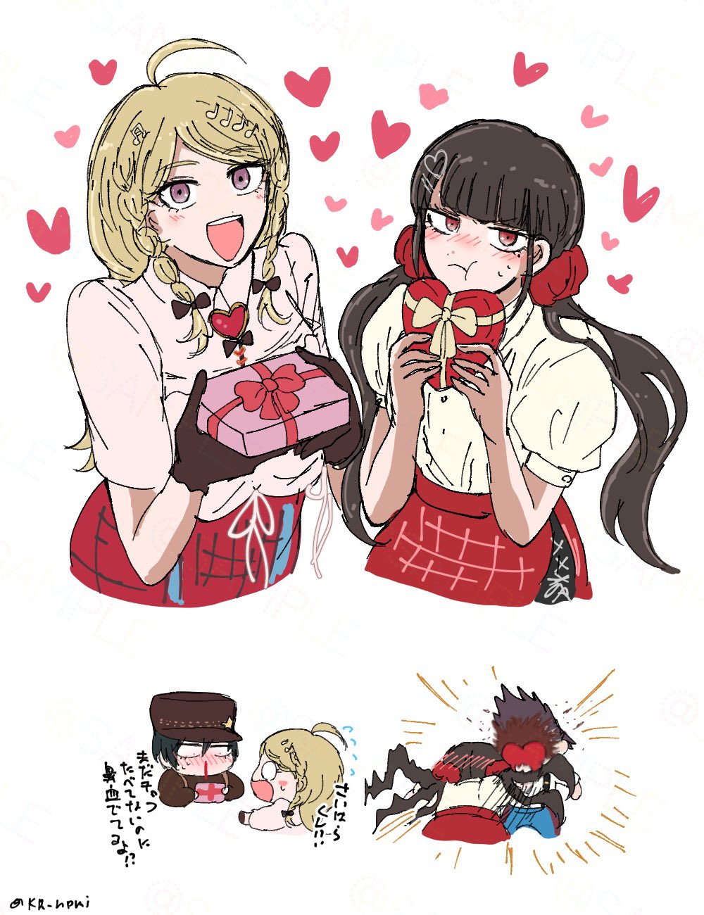 2boys, 2girls, :d, akamatsu_kaede, black_bow, black_gloves, black_hat, blush