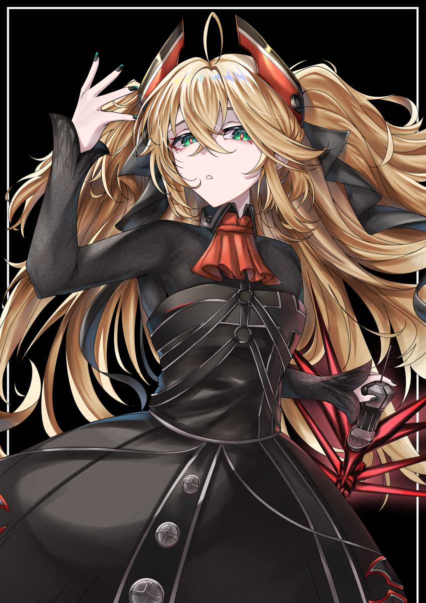 1girl, absurdres, admiral_hipper_(azur_lane), admiral_hipper_(meta)_(azur_lane), ascot, azur_lane, black_dress, black_nails, blonde_hair, collared_dress, curly_hair, diamond-shaped_pupils, diamond_(shape), dress, english_commentary, expressionless, green_eyes, hair_between_eyes, hand_up, head_tilt, headgear, highres, holding, holding_staff, junedxu, long_hair, looking_at_viewer, nail_polish, o-ring_dress, parted_lips, red_ascot, red_pupils, solo, staff, standing, symbol-shaped_pupils, very_long_hair