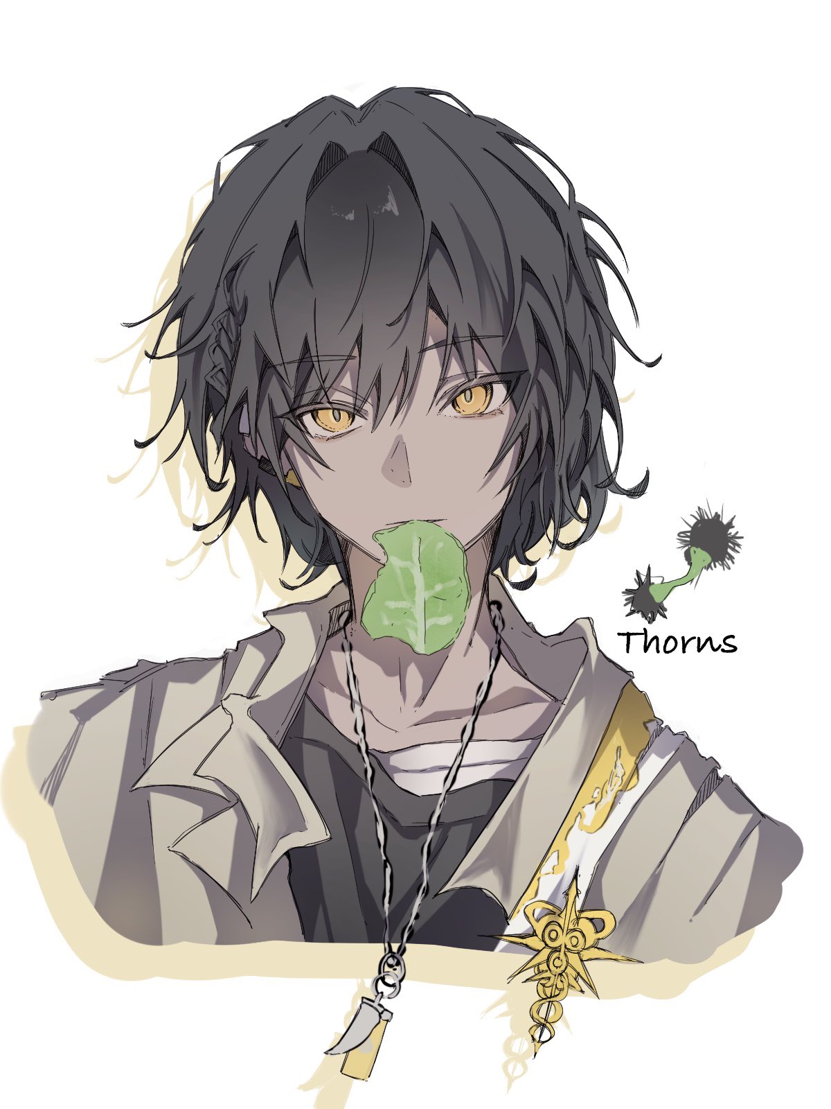 1boy, arknights, black_hair, black_shirt, character_name, commentary_request, cropped_shoulders, dark-skinned_male, dark_skin, drop_shadow, grey_shirt, hair_between_eyes, highres, jewelry, male_focus, mouth_hold, pendant, shirt, short_hair, simple_background, solo, thorns_(arknights), tui894237493057, white_background, yellow_eyes