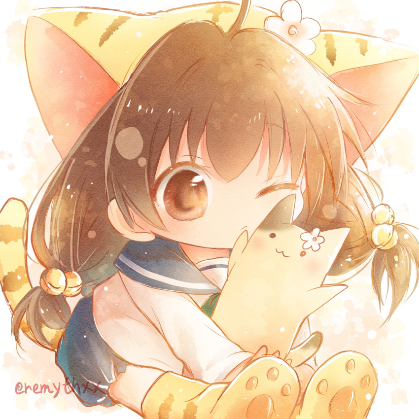1girl, ahoge, animal_hat, animal_hug, bell, blue_sailor_collar, blue_shorts, brown_eyes