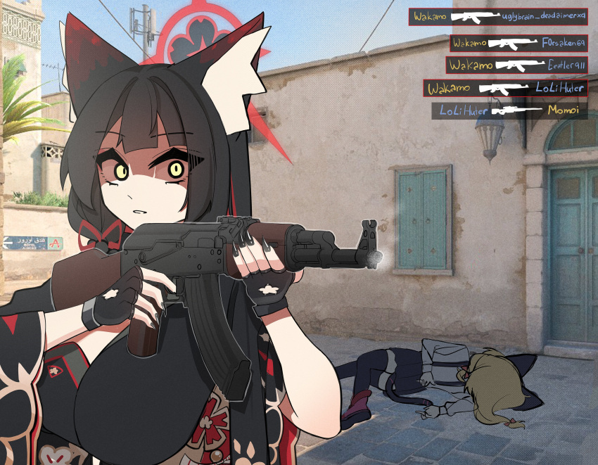 2girls, absurdres, akm, animal_ear_fluff, animal_ears, assault_rifle, black_gloves, black_kimono