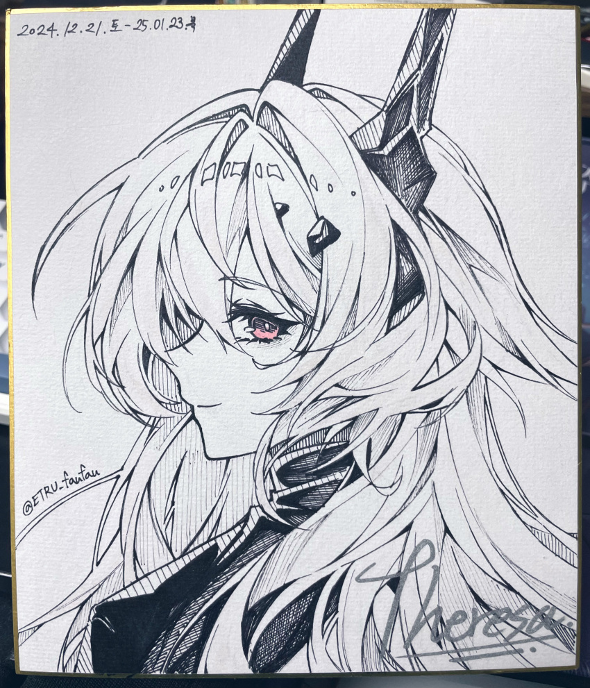 1girl, absurdres, arknights, character_name, closed_mouth, dated, etru_faufau, hatching_(texture)