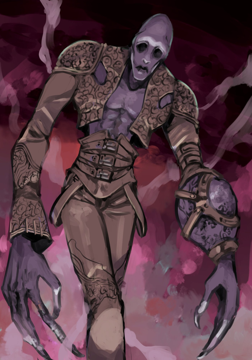 1boy, abs, alien, asymmetrical_arms, bald, belt, blank_eyes, bukibukibuk, claws, colored_skin, english_commentary, expressionless, fingernails, gold, gold_belt, gold_jacket, highres, long_arms, long_fingernails, long_fingers, long_head, looking_at_viewer, lucifer_(megami_tensei), multiple_belts, no_eyes, purple_background, shin_megami_tensei, shin_megami_tensei_iv, skinny, smoke, solo, white_skin