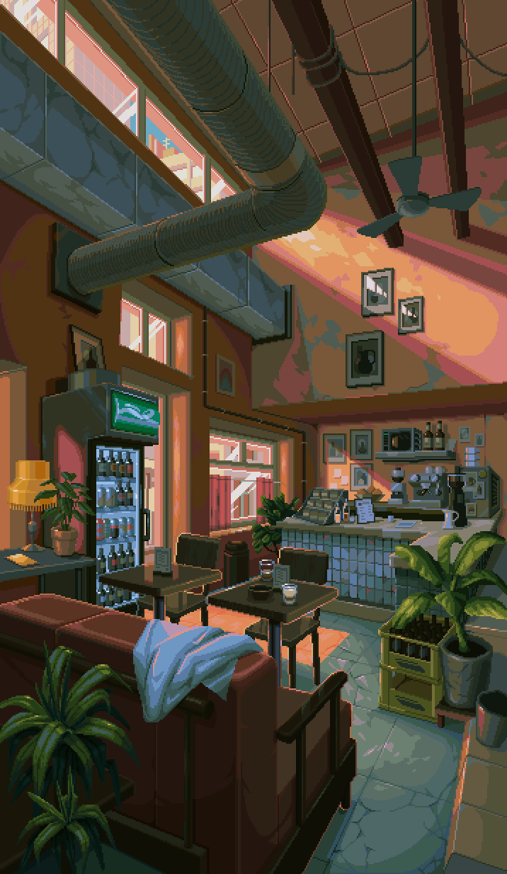 air_duct, animated, animated_gif, blue_sky, border, bottle, building, cafe