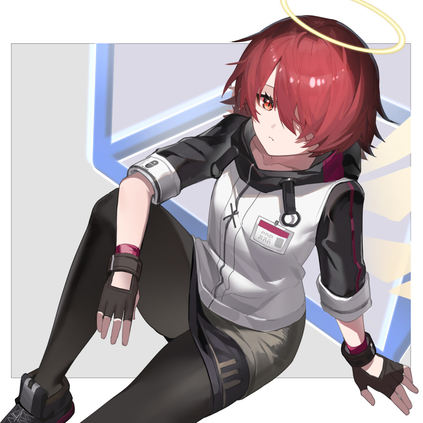 1girl, absurdres, arknights, black_gloves, black_pantyhose, black_sleeves, border, chinese_commentary