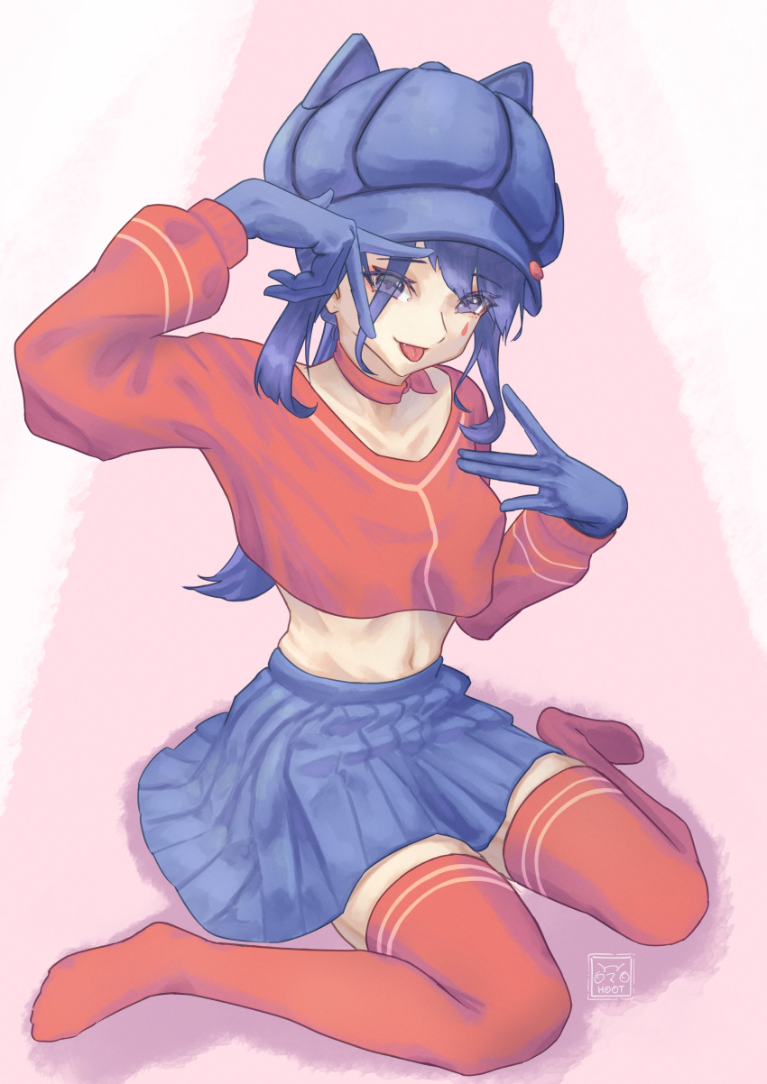 1girl, :p, absurdres, animal_ear_headwear, blue_eyes, blue_gloves, blue_hair, blue_hat
