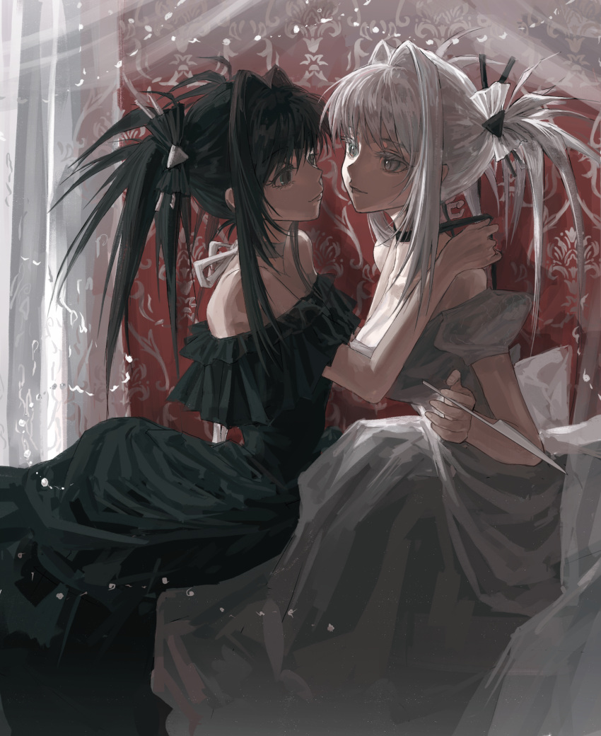 2girls, absurdres, black_dress, black_eyes, black_hair, bow, choker, dress, dressing_another, frilled_dress, frills, hair_bow, hair_intakes, highres, holding, holding_knife, knife, lace_curtains, long_hair, looking_at_another, multiple_girls, off-shoulder_dress, off_shoulder, original, ribbon_choker, short_sleeves, smile, twintails, white_dress, white_eyes, white_hair, zhenkongbunengchuansheng