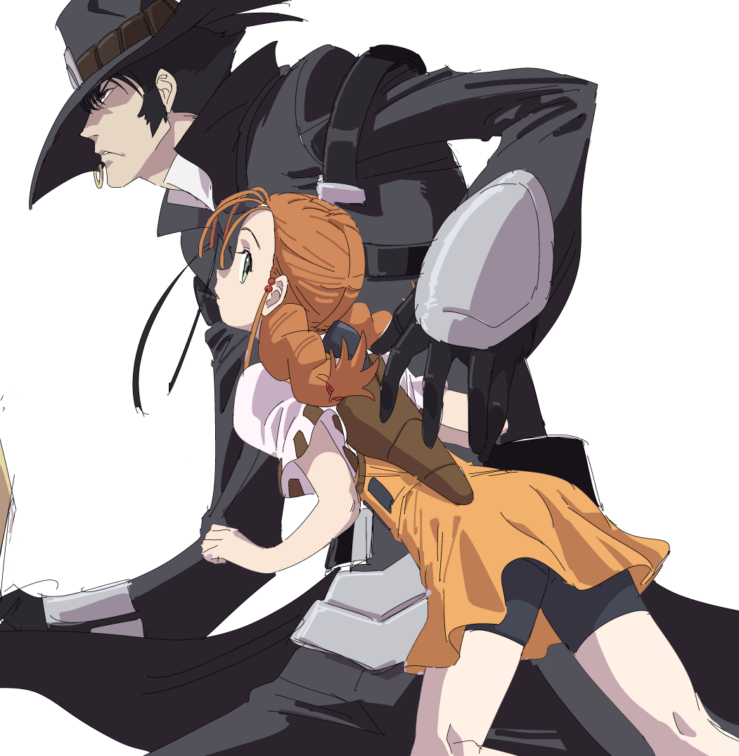 1boy, 1girl, bike_shorts, black_coat, black_gloves, black_hair, black_hat, black_shorts, braid, brown_hair, coat, commentary_request, cowboy_hat, dress, from_side, gloves, green_eyes, gun, gunxsword, hair_bobbles, hair_ornament, handgun, hat, holster, holstered, jinou_rakugaki, long_hair, long_sleeves, looking_ahead, low_twin_braids, orange_dress, parted_lips, puffy_short_sleeves, puffy_sleeves, short_sleeves, shorts, simple_background, teeth, twin_braids, van_(gunxsword), weapon, wendy_garrett, white_background