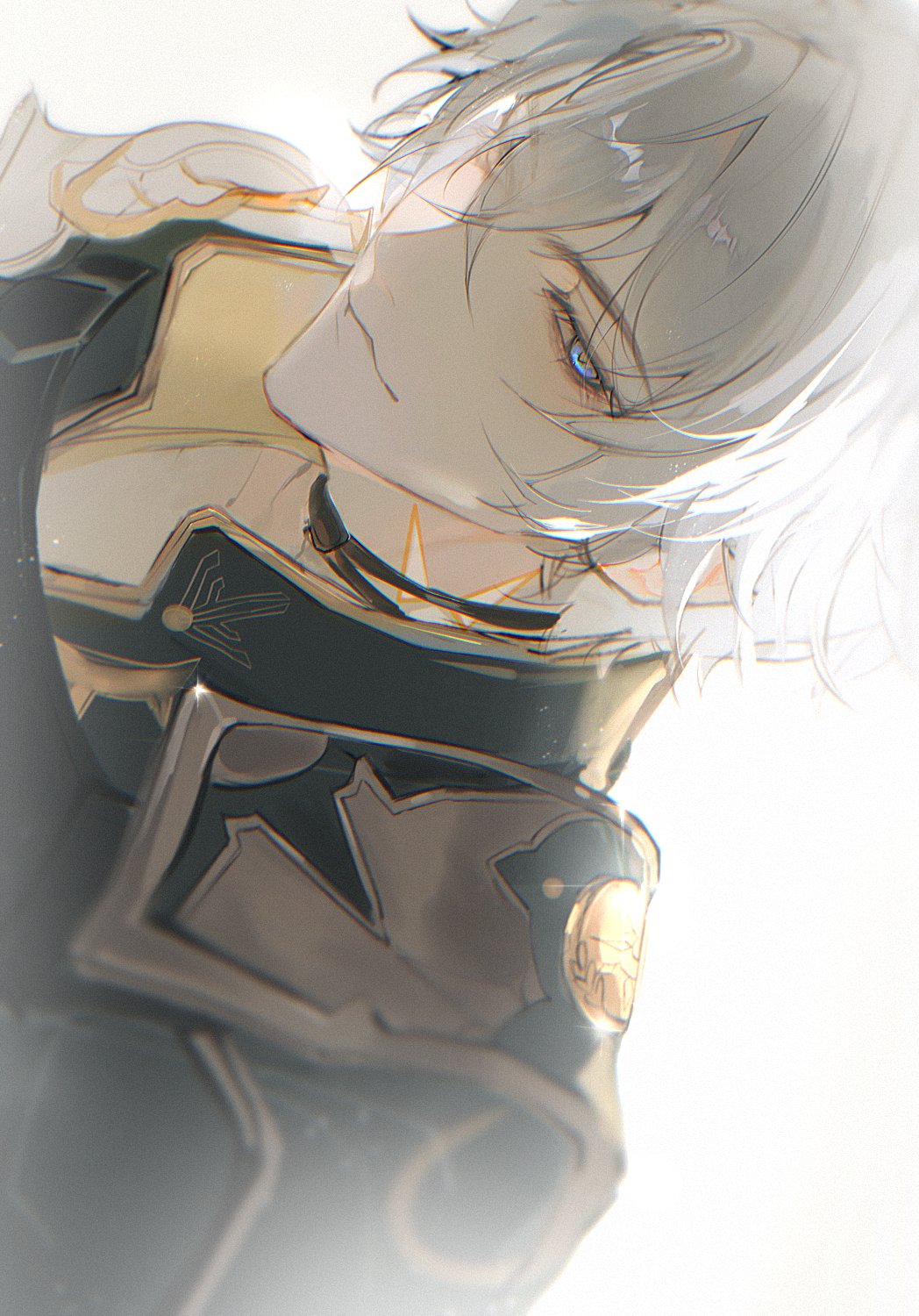 1boy, armor, belt_collar, blue_eyes, body_markings, choker, closed_mouth, collar, collared_coat, highres, honkai:_star_rail, honkai_(series), ilriyum, looking_at_viewer, male_focus, phainon_(honkai:_star_rail), shoulder_armor, solo, white_background, white_hair