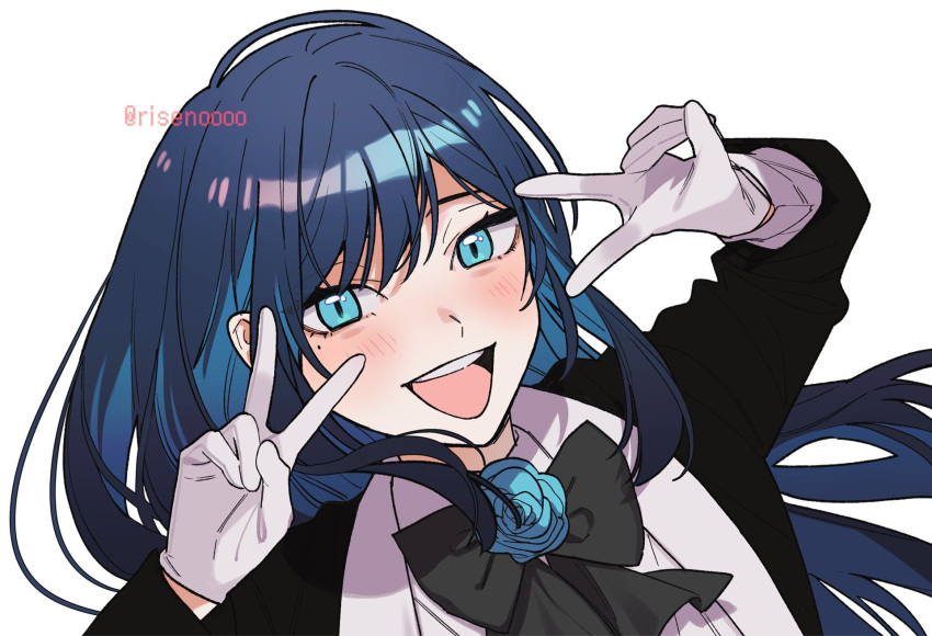 1girl, ado_(utaite), black_bow, black_bowtie, blue_eyes, blue_flower, blue_hair, blue_rose