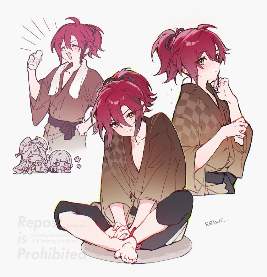 1boy, 2girls, :d, ^_^, ahoge, anklet, artist_name, barefoot