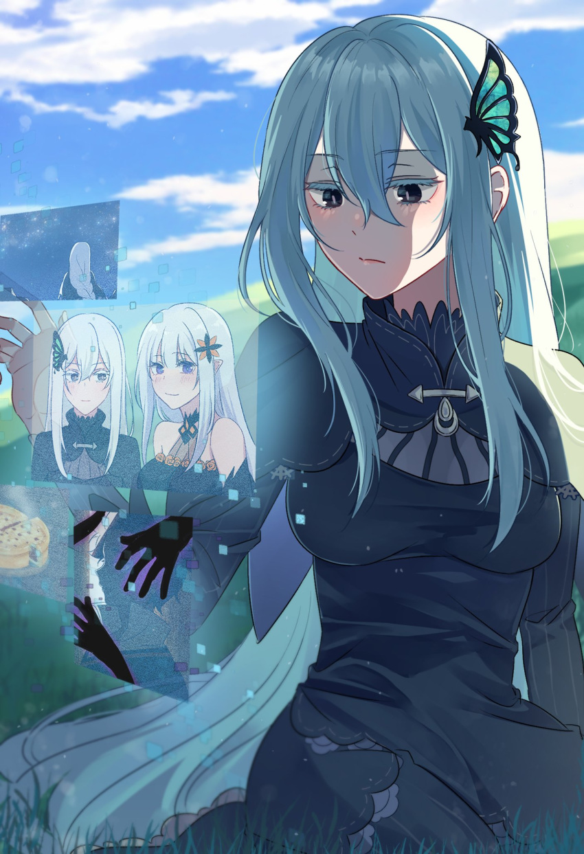 1boy, 2girls, bare_shoulders, black_capelet, black_dress, black_eyes, black_hair, blue_sky