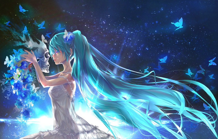 aqua_hair, bonnou-s-rice, butterfly, closed_eyes, colored_eyelashes, dress, eyelashes, eyes_closed