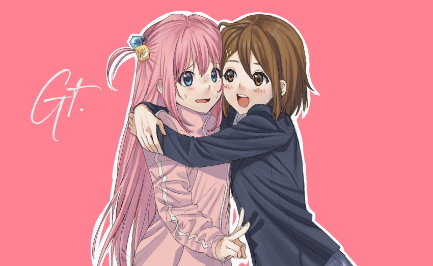 2girls, blazer, blue_eyes, blue_jacket, blush, bocchi_the_rock!, brown_eyes, brown_hair