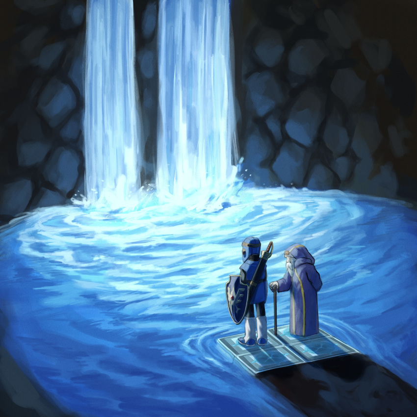 2boys, absurdres, beard, blue_hat, blue_tunic, cane, character_request, commentary_request
