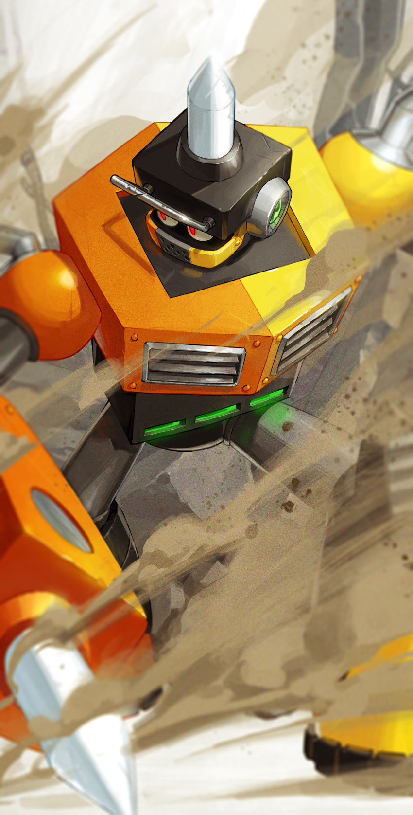 1boy, arm_cannon, armor, armored_boots, boots, commentary_request, covered_mouth, dust