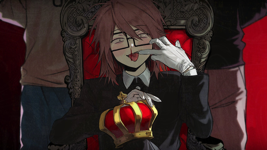 3boys, arm_rest, arms_behind_back, black_eyes, black_shirt, blood, blood_on_tongue, blue_pants