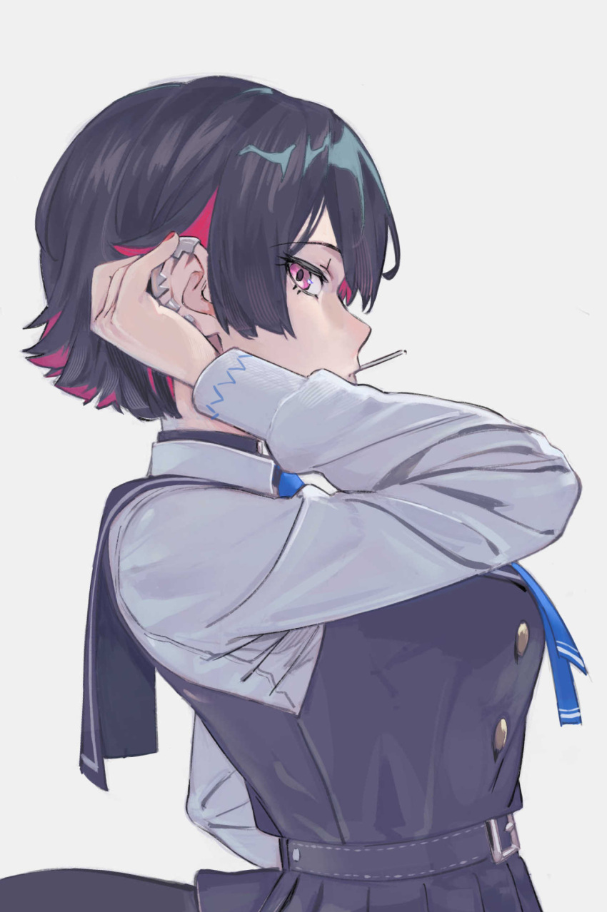 1girl, a.k.a.zkin, belt, belt_buckle, black_belt, black_dress, black_hair, black_sailor_collar