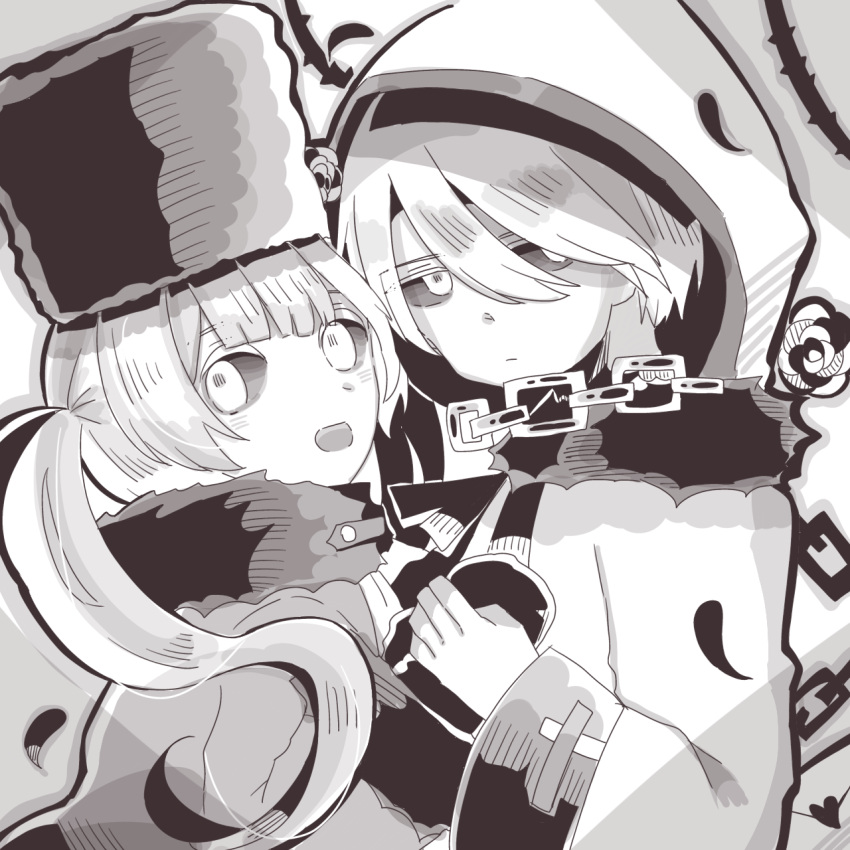 1boy, 1girl, black_sclera, chain, closed_mouth, coat, colored_sclera, flower, fur_trim, grimms_echoes, hat, hat_flower, highres, holding_hands, hood, long_hair, long_sleeves, monochrome, open_mouth, short_hair, smile, twintails, upper_body, user_sjtw2272, void_gerda_(grimms_echoes), void_kai_(grimms_echoes), winter_gloves