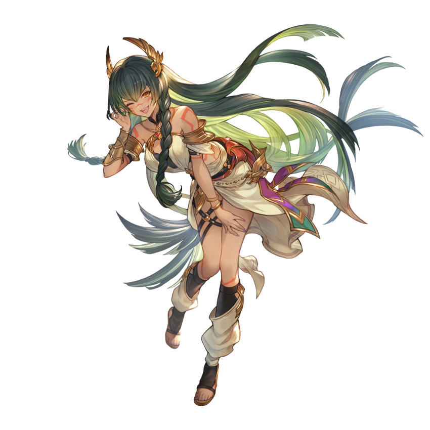 1girl, bare_shoulders, body_markings, bracelet, bracer, braid, breasts, brown_eyes