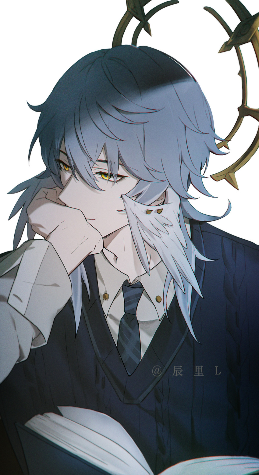 1boy, absurdres, alternate_costume, blue_necktie, blue_sweater_vest, book, chen_li, chinese_commentary, closed_mouth, collared_shirt, commentary_request, covering_own_mouth, grey_hair, halo, head_wings, highres, holding, holding_book, honkai:_star_rail, honkai_(series), looking_to_the_side, male_focus, necktie, open_book, shirt, short_hair, simple_background, smile, solo, sunday_(brilliant_youth)_(honkai:_star_rail), sunday_(honkai:_star_rail), sweater_vest, upper_body, white_background, white_shirt, wings, yellow_eyes
