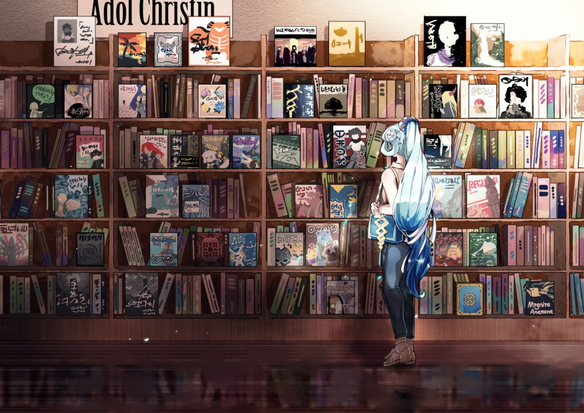adol_christin, ancient_ys_vanished, bag, blue_bag, blue_hair, book, bookshelf, character_name