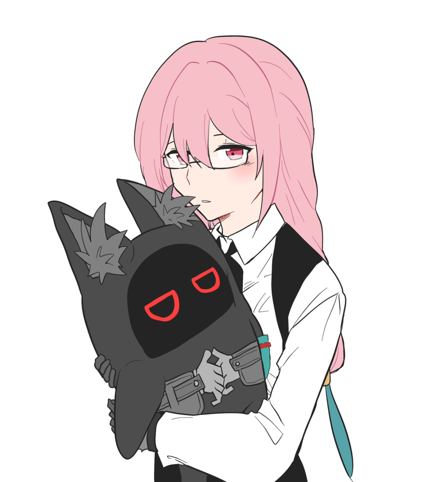 1girl, black_gloves, blush, dress_shirt, glasses, gloves, hair_between_eyes, highres, hoshimi_miyabi, hoshimi_miyabi_bangboo, korean_commentary, long_hair, ogenwn7, parted_lips, pink_eyes, pink_hair, shirt, sidelocks, simple_background, solo, tsukishiro_yanagi, white_background, white_shirt, zenless_zone_zero