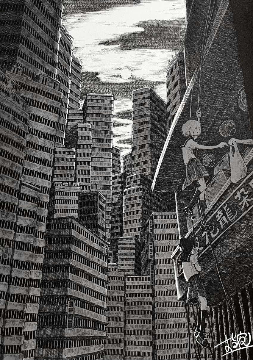 2girls, absurdres, bag, building, city, climbing, clouds, commentary
