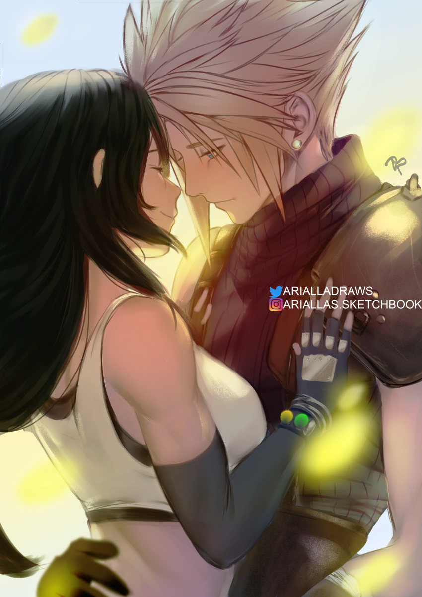 1boy, 1girl, absurdres, arialla_draws, armor, bare_shoulders, black_gloves, black_hair