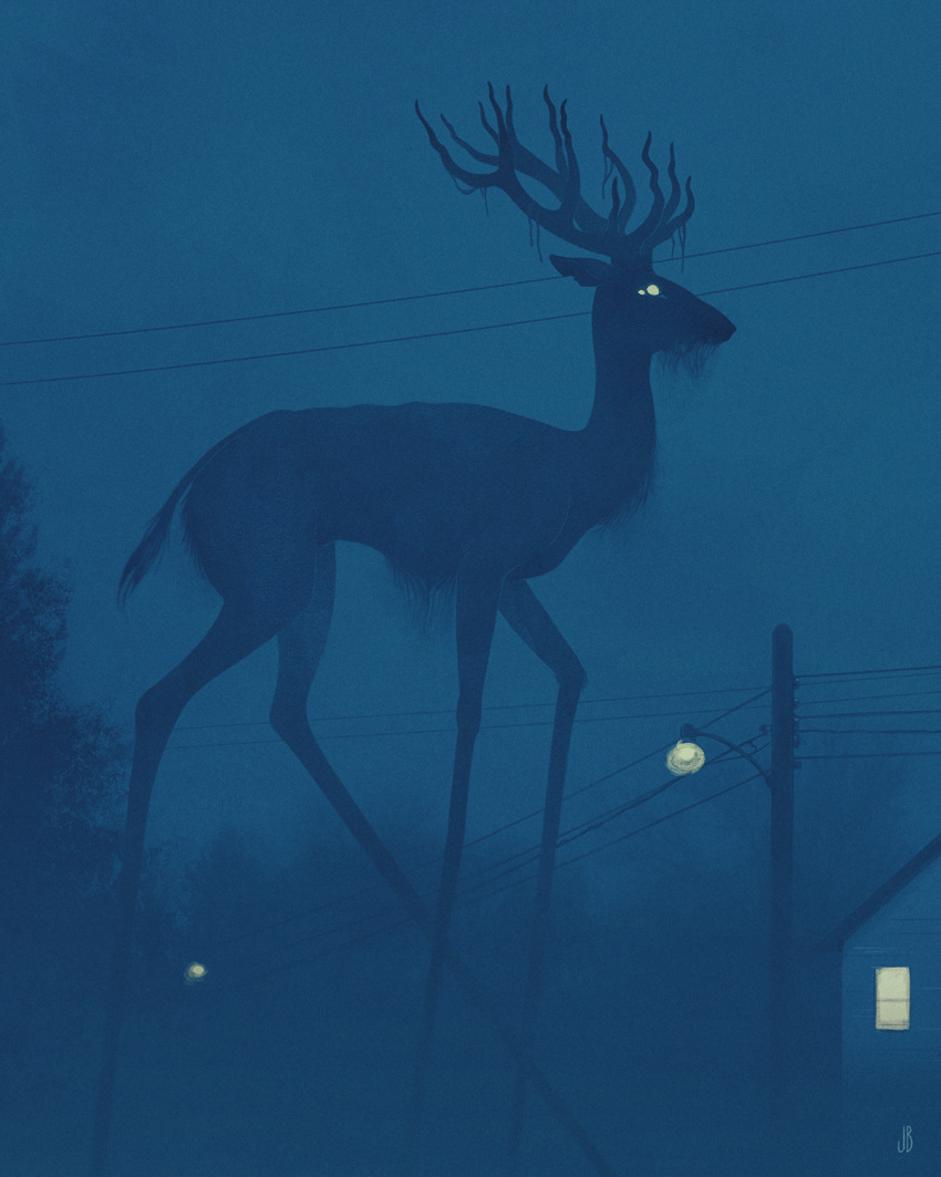 animal, animal_focus, antlers, blank_eyes, blue_background, blue_theme, building, commentary