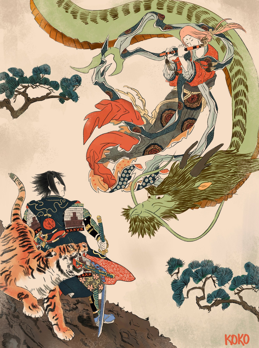 1boy, 1girl, animal, armor, artist_name, black_hair, commentary, couple, dragon, eastern_dragon, english_commentary, flute, flying, haruno_sakura, highres, holding, holding_flute, holding_instrument, holding_sword, holding_weapon, instrument, japanese_armor, kokodrawings, music, naruto, naruto_(series), nihonga, parody, pink_hair, playing_instrument, standing, style_parody, sword, tiger, tree, uchiha_sasuke, ukiyo-e, weapon