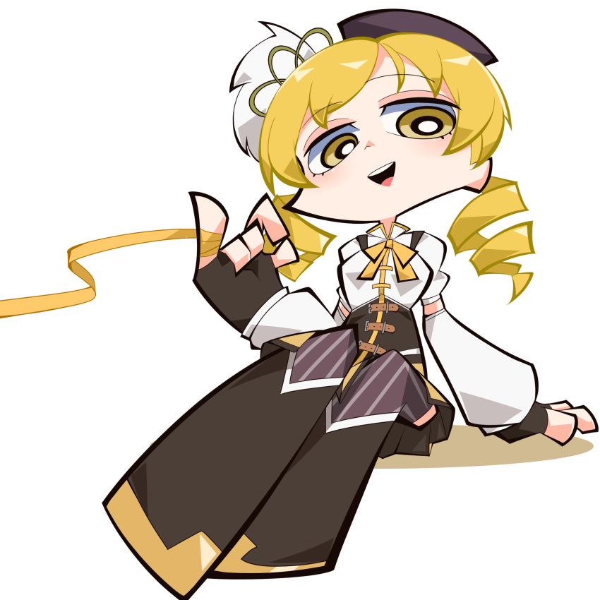 1girl, absurdres, arm_support, beret, blonde_hair, boots, brown_footwear, brown_gloves, detached_sleeves, drill_hair, fingerless_gloves, full_body, gloves, hat, highres, knee_boots, looking_at_viewer, magical_girl, mahou_shoujo_madoka_magica, mahou_shoujo_madoka_magica_(anime), okitya, open_mouth, panty_&amp;_stocking_with_garterbelt, parody, puffy_short_sleeves, puffy_sleeves, ribbon, short_sleeves, simple_background, sitting, solo, striped_clothes, striped_thighhighs, style_parody, thigh-highs, tomoe_mami, tomoe_mami_(magical_girl), twin_drills, white_background, yellow_eyes, yellow_ribbon